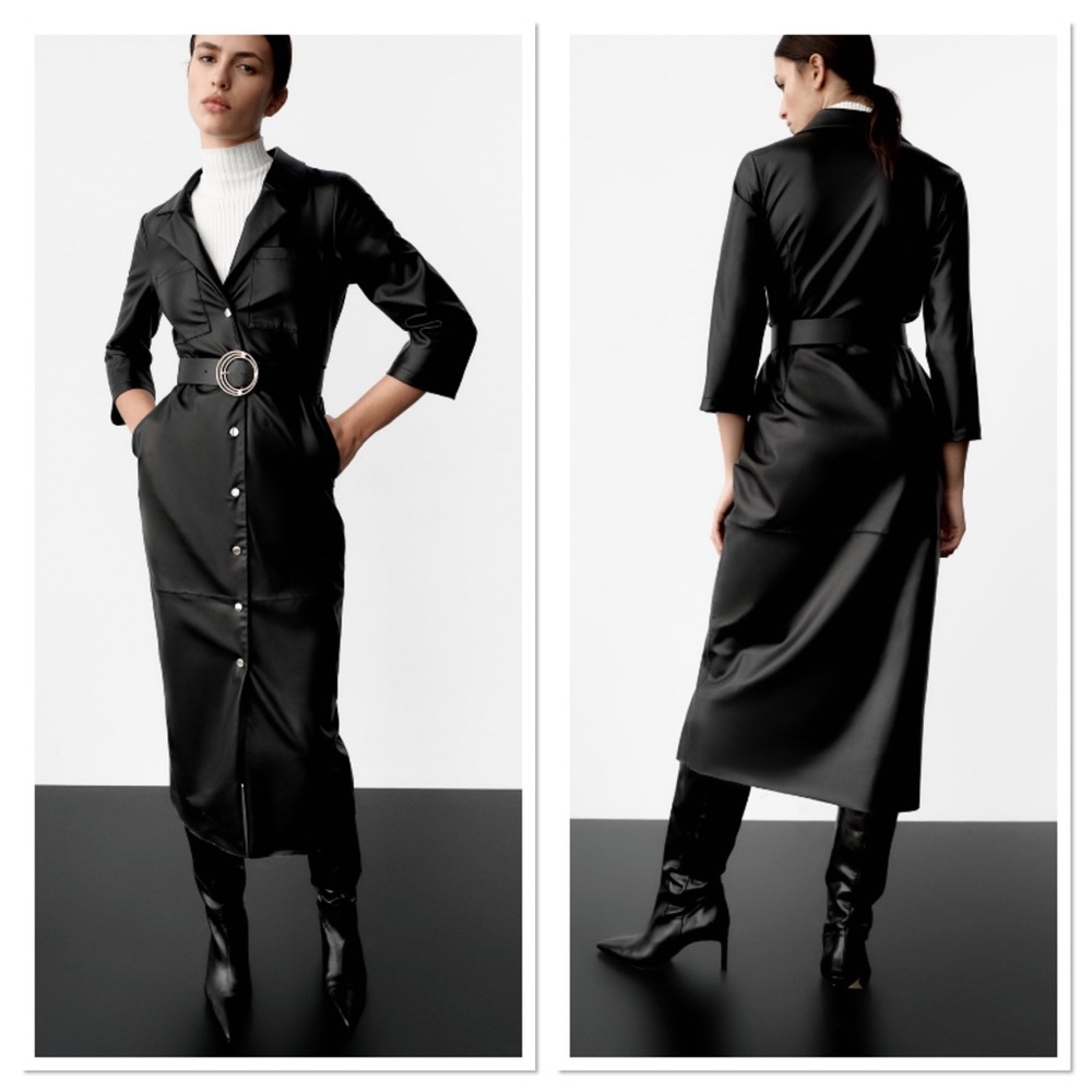 NWT Zara Black Faux Leather Belted Shirtdress Midi Dress Sz:XS Blogger Fave